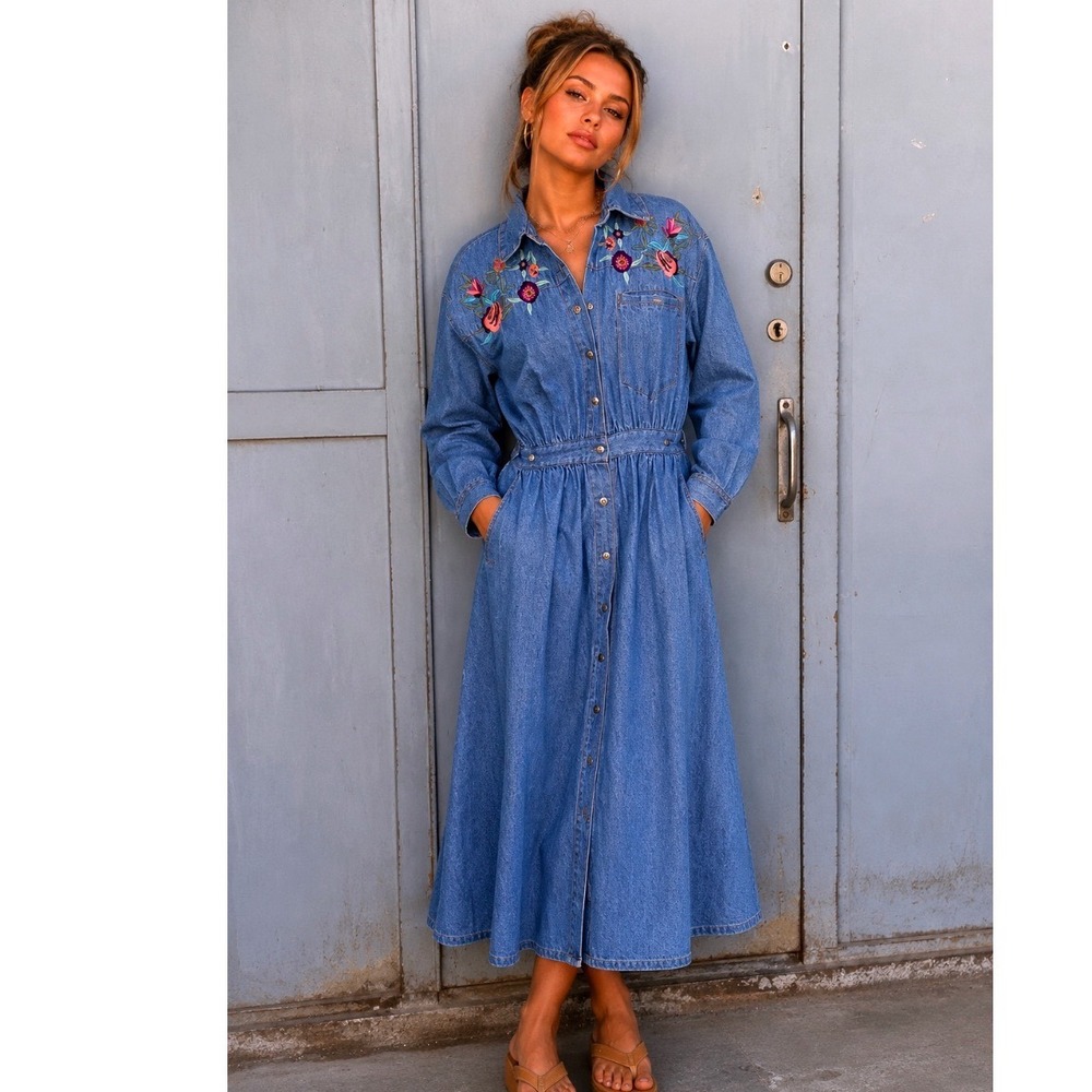Y2k Vtg FADS Dress Sz M Maxi Denim Embroidered  Peasant Boho blue cottagecore